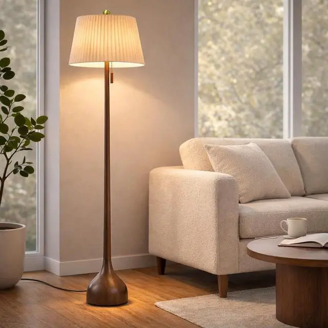 Main image of Mid Century Modern Real Wood Floor Lamp with 2 Shades for Two Looks 65" Tall,Sculptural Teardrop Base,Wooden Pull Chain,Vintage Standing Lamp,Linen Shades,Living Room,Bedroom, Bulb Included