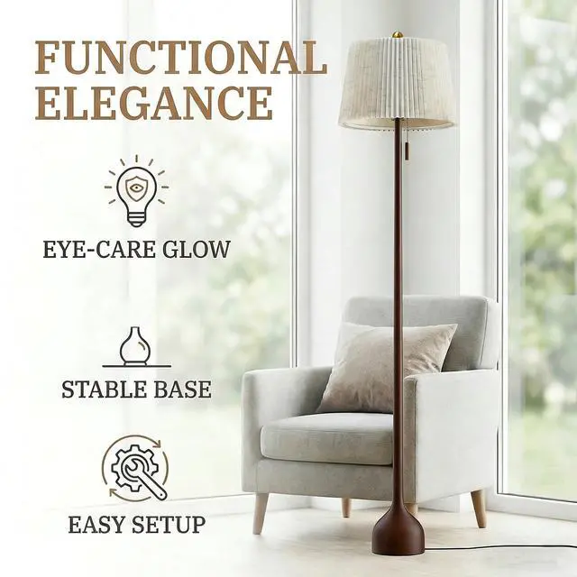 Alt view image 2 of 7 - Mid Century Modern Real Wood Floor Lamp with 2 Shades for Two Looks 65" Tall,Sculptural Teardrop Base,Wooden Pull Chain,Vintage Standing Lamp,Linen Shades,Living Room,Bedroom, Bulb Included