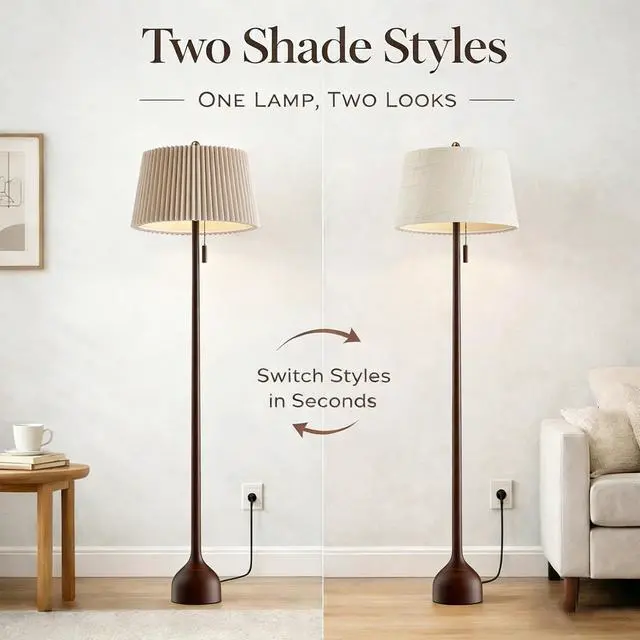 Alt view image 4 of 7 - Mid Century Modern Real Wood Floor Lamp with 2 Shades for Two Looks 65" Tall,Sculptural Teardrop Base,Wooden Pull Chain,Vintage Standing Lamp,Linen Shades,Living Room,Bedroom, Bulb Included