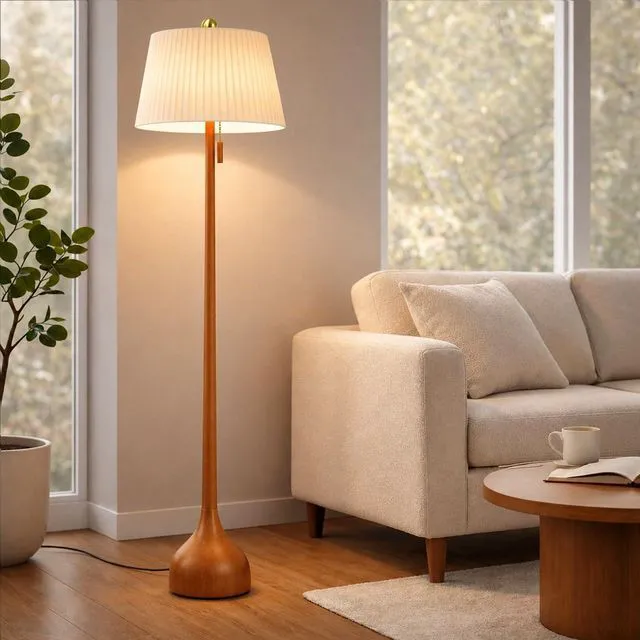 Main image of Mid Century Modern Real Wood Floor Lamp with 2 Shades for Two Looks 65" Tall,Sculptural Teardrop Base,Wooden Pull Chain,Vintage Standing Lamp,Linen Shades,Living Room,Bedroom, Bulb Included