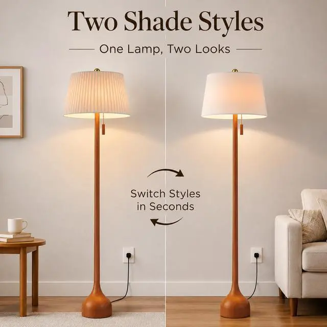 Alt view image 2 of 7 - Mid Century Modern Real Wood Floor Lamp with 2 Shades for Two Looks 65" Tall,Sculptural Teardrop Base,Wooden Pull Chain,Vintage Standing Lamp,Linen Shades,Living Room,Bedroom, Bulb Included