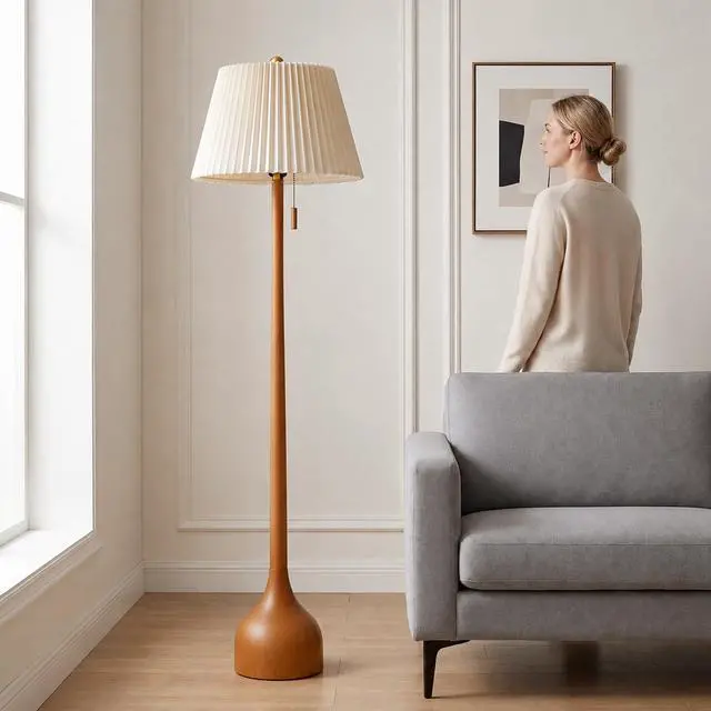 Alt view image 5 of 7 - Mid Century Modern Real Wood Floor Lamp with 2 Shades for Two Looks 65" Tall,Sculptural Teardrop Base,Wooden Pull Chain,Vintage Standing Lamp,Linen Shades,Living Room,Bedroom, Bulb Included