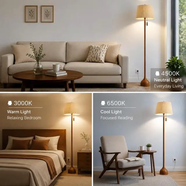 Alt view image 7 of 7 - Mid Century Modern Real Wood Floor Lamp with 2 Shades for Two Looks 65" Tall,Sculptural Teardrop Base,Wooden Pull Chain,Vintage Standing Lamp,Linen Shades,Living Room,Bedroom, Bulb Included