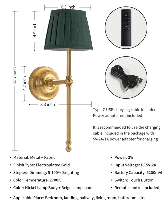 Alt view image 5 of 7 - Gold Cordless Wall Sconces Set of 2, Green Fabric LED Wall Lamps Wireless Small Rechargeable Battery, Portable Lighting for Wall Painting, Living Room, Bedroom, Hallway, Gifts, Night Light