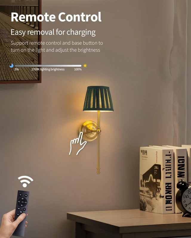 Alt view image 6 of 7 - Gold Cordless Wall Sconces Set of 2, Green Fabric LED Wall Lamps Wireless Small Rechargeable Battery, Portable Lighting for Wall Painting, Living Room, Bedroom, Hallway, Gifts, Night Light