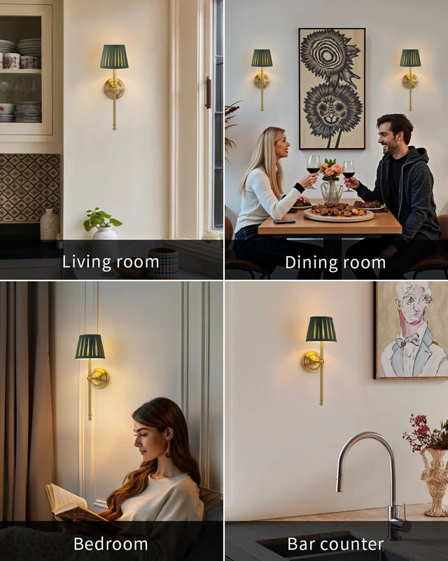 Alt view image 7 of 7 - Gold Cordless Wall Sconces Set of 2, Green Fabric LED Wall Lamps Wireless Small Rechargeable Battery, Portable Lighting for Wall Painting, Living Room, Bedroom, Hallway, Gifts, Night Light