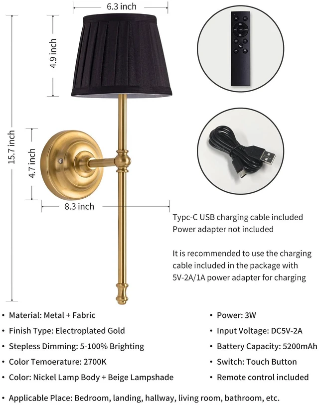 Alt view image 5 of 7 - Gold Cordless Wall Sconces Set of 2, Black Fabric LED Wall Lamps Wireless Small Rechargeable Battery, Portable Lighting for Wall Painting, Living Room, Bedroom, Hallway, Gifts, Night Light