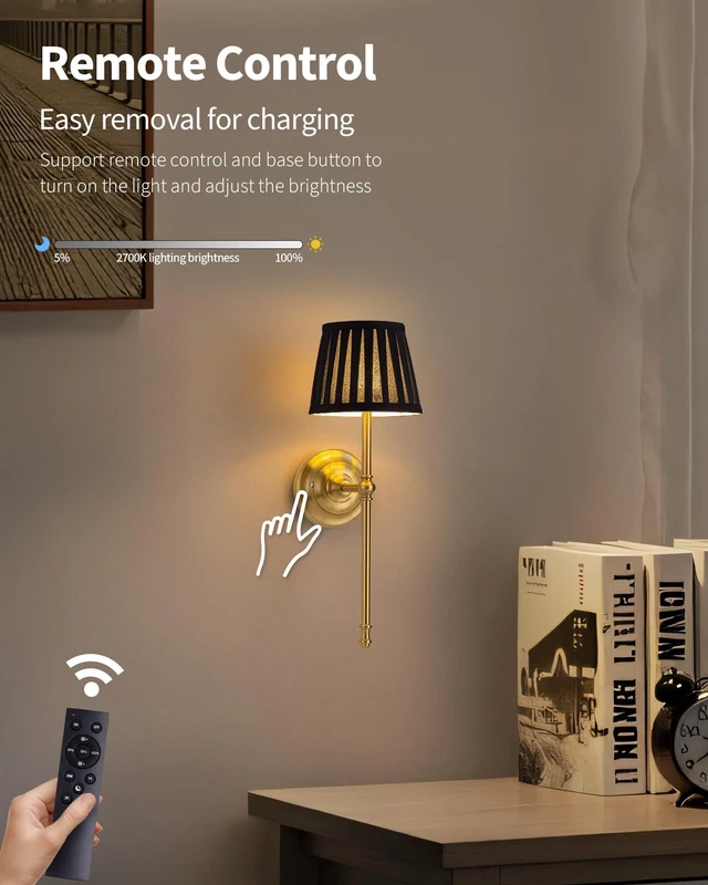 Alt view image 6 of 7 - Gold Cordless Wall Sconces Set of 2, Black Fabric LED Wall Lamps Wireless Small Rechargeable Battery, Portable Lighting for Wall Painting, Living Room, Bedroom, Hallway, Gifts, Night Light