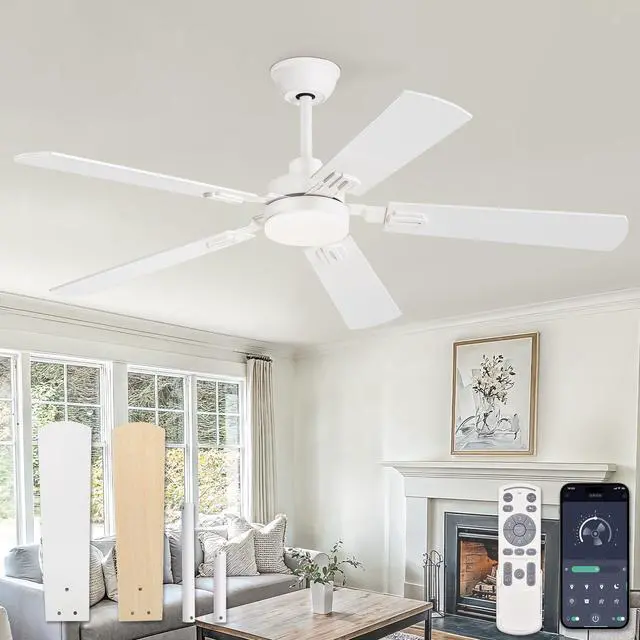 Main image of 52" Ceiling Fans with Lights and Remote, White Modern for Indoor 24W 2400LM Bright LED, 3CCT, Dimmable, App Control, Farmhouse Dual Finish Blades, Quiet&Strong Motor for Bedroom, Living Room