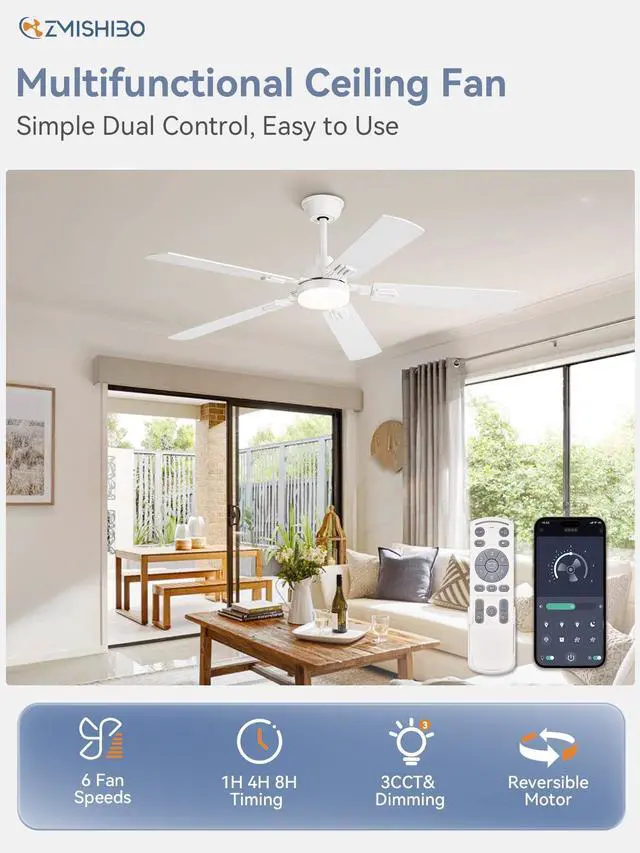 Alt view image 2 of 7 - 52" Ceiling Fans with Lights and Remote, White Modern for Indoor 24W 2400LM Bright LED, 3CCT, Dimmable, App Control, Farmhouse Dual Finish Blades, Quiet&Strong Motor for Bedroom, Living Room