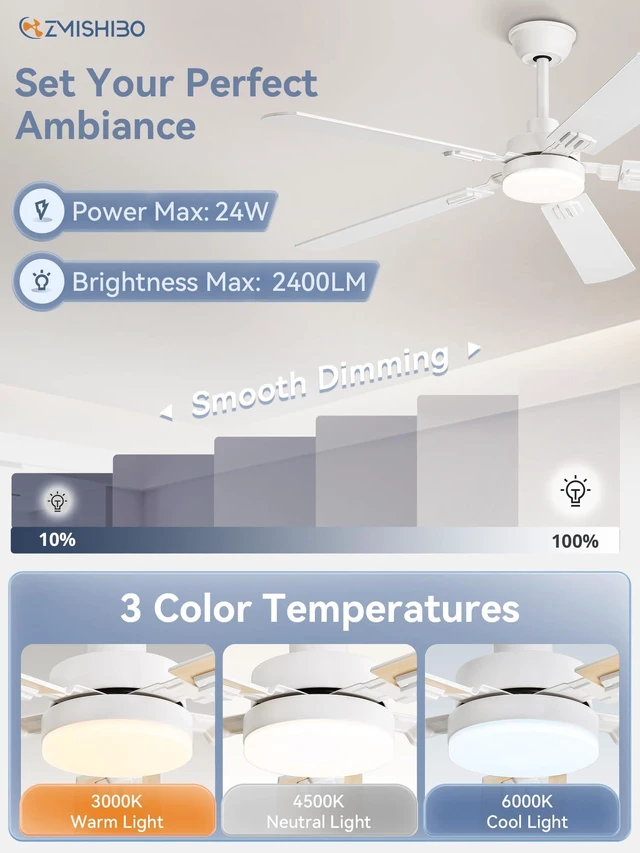 Alt view image 3 of 7 - 52" Ceiling Fans with Lights and Remote, White Modern for Indoor 24W 2400LM Bright LED, 3CCT, Dimmable, App Control, Farmhouse Dual Finish Blades, Quiet&Strong Motor for Bedroom, Living Room
