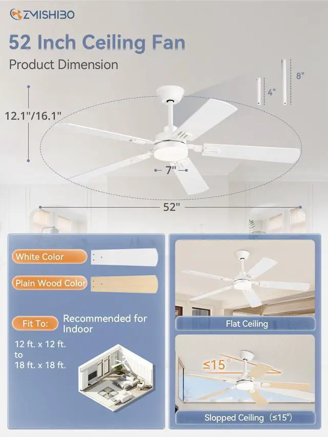 Alt view image 5 of 7 - 52" Ceiling Fans with Lights and Remote, White Modern for Indoor 24W 2400LM Bright LED, 3CCT, Dimmable, App Control, Farmhouse Dual Finish Blades, Quiet&Strong Motor for Bedroom, Living Room