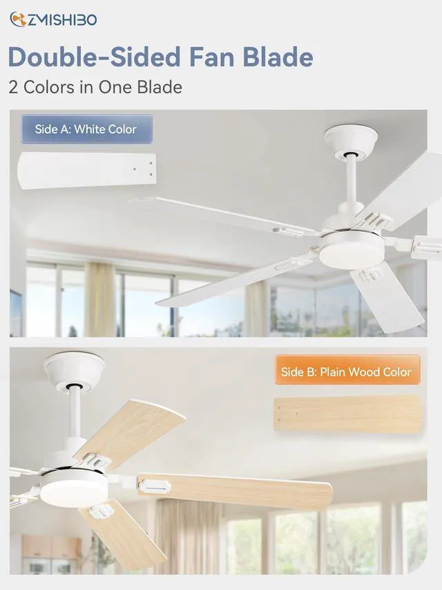Alt view image 7 of 7 - 52" Ceiling Fans with Lights and Remote, White Modern for Indoor 24W 2400LM Bright LED, 3CCT, Dimmable, App Control, Farmhouse Dual Finish Blades, Quiet&Strong Motor for Bedroom, Living Room