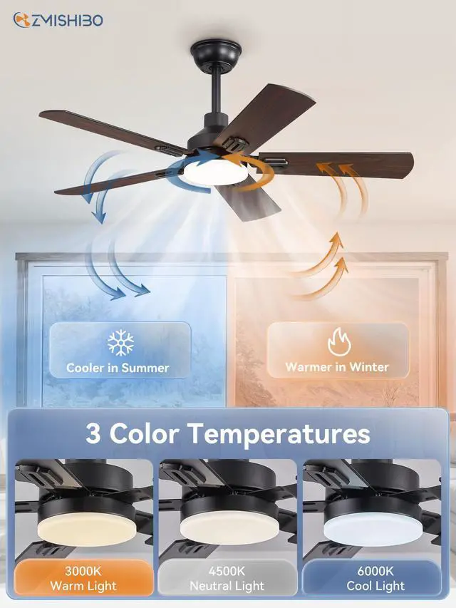 Alt view image 3 of 7 - 44" Ceiling Fans with Lights and Remote, Black Modern for Indoor Small Size, 3CCT, Downrod Mount, Farmhouse Dual Finish Blades, Quiet&Strong Motor, Memory Function for Bedroom, Living Room