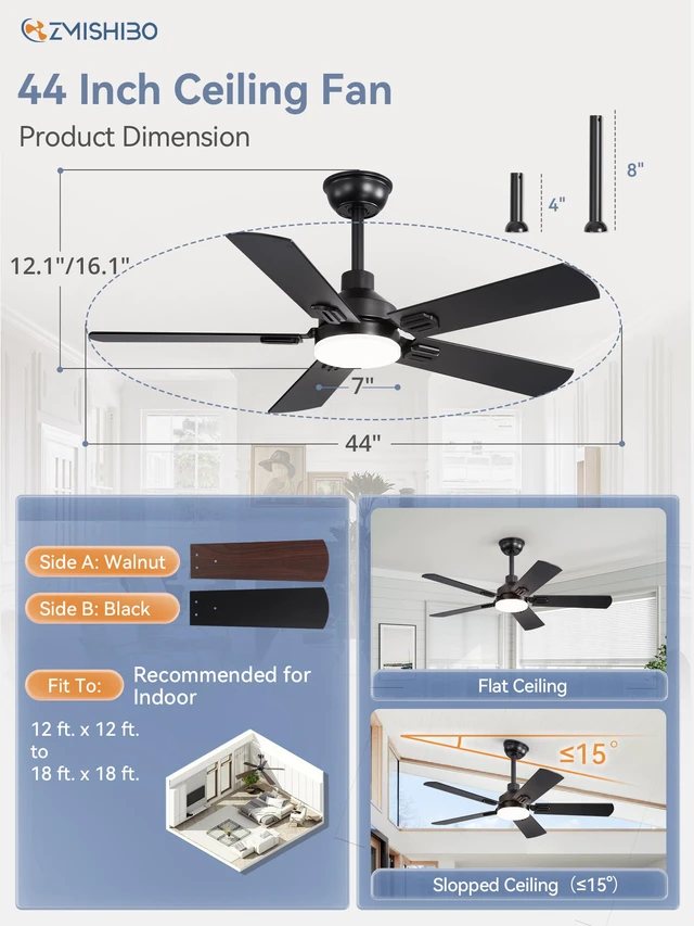 Alt view image 5 of 7 - 44" Ceiling Fans with Lights and Remote, Black Modern for Indoor Small Size, 3CCT, Downrod Mount, Farmhouse Dual Finish Blades, Quiet&Strong Motor, Memory Function for Bedroom, Living Room