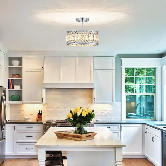 Alt view image 2 of 7 - Crystal Chrome Ceiling Light, 3-Light Semi Flush Light Fixture, 12in Flush Mount Dining Room Chandelier, Modern Light Fixture Ceiling Mount for Kitchen, Entryway, Bedroom, Bulbs Not Included