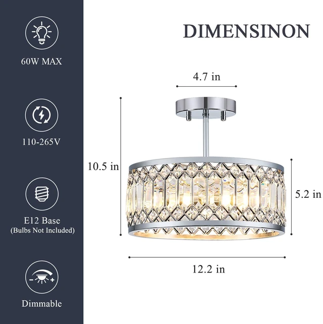 Alt view image 4 of 7 - Crystal Chrome Ceiling Light, 3-Light Semi Flush Light Fixture, 12in Flush Mount Dining Room Chandelier, Modern Light Fixture Ceiling Mount for Kitchen, Entryway, Bedroom, Bulbs Not Included