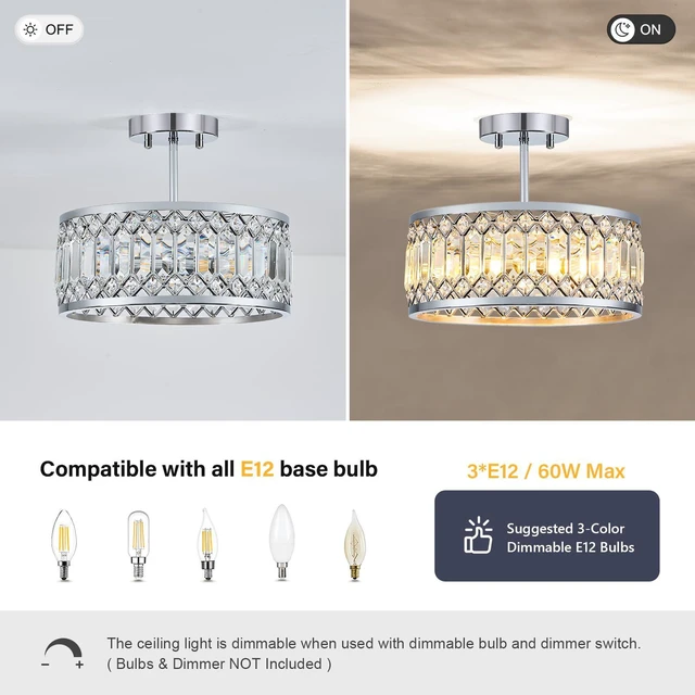Alt view image 6 of 7 - Crystal Chrome Ceiling Light, 3-Light Semi Flush Light Fixture, 12in Flush Mount Dining Room Chandelier, Modern Light Fixture Ceiling Mount for Kitchen, Entryway, Bedroom, Bulbs Not Included