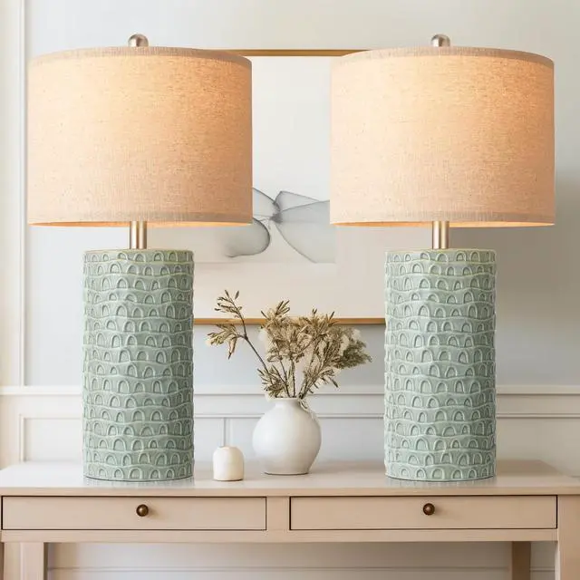 Main image of 23" Modern Ceramic Table Lamp Set of 2, Table Lamps for Living Room, Rustic Farmhouse Bedside Lamps Nightstand lamp for Bedroom, Desk Lamp for End Table Home Decor Light Green