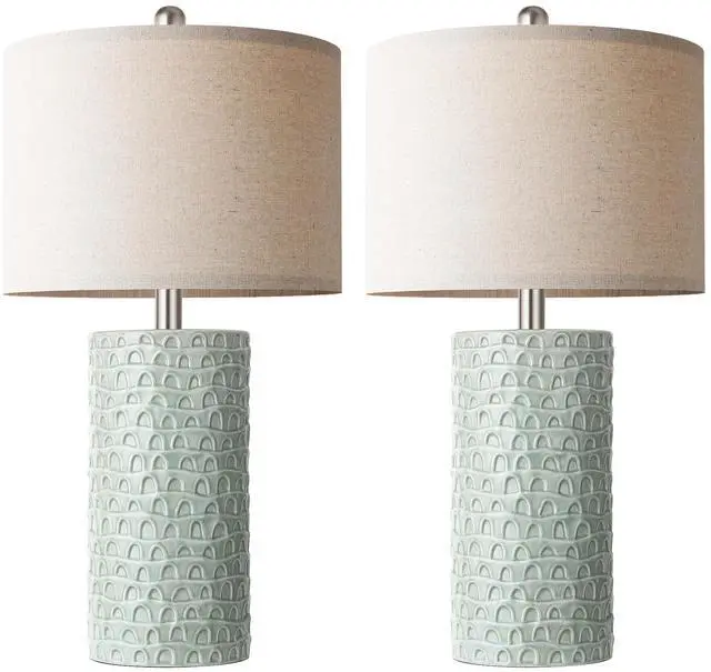 Alt view image 2 of 7 - 23" Modern Ceramic Table Lamp Set of 2, Table Lamps for Living Room, Rustic Farmhouse Bedside Lamps Nightstand lamp for Bedroom, Desk Lamp for End Table Home Decor Light Green