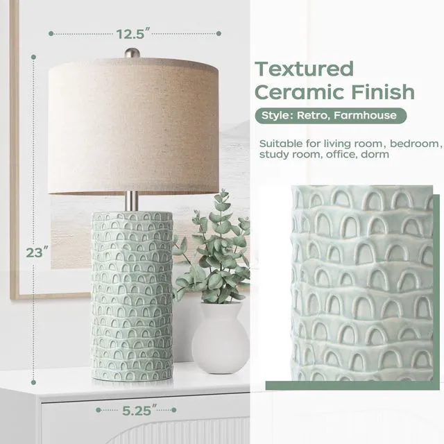 Alt view image 3 of 7 - 23" Modern Ceramic Table Lamp Set of 2, Table Lamps for Living Room, Rustic Farmhouse Bedside Lamps Nightstand lamp for Bedroom, Desk Lamp for End Table Home Decor Light Green