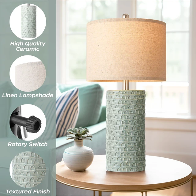 Alt view image 4 of 7 - 23" Modern Ceramic Table Lamp Set of 2, Table Lamps for Living Room, Rustic Farmhouse Bedside Lamps Nightstand lamp for Bedroom, Desk Lamp for End Table Home Decor Light Green