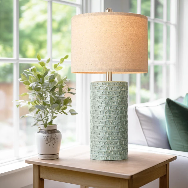 Alt view image 5 of 7 - 23" Modern Ceramic Table Lamp Set of 2, Table Lamps for Living Room, Rustic Farmhouse Bedside Lamps Nightstand lamp for Bedroom, Desk Lamp for End Table Home Decor Light Green