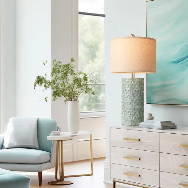 Alt view image 6 of 7 - 23" Modern Ceramic Table Lamp Set of 2, Table Lamps for Living Room, Rustic Farmhouse Bedside Lamps Nightstand lamp for Bedroom, Desk Lamp for End Table Home Decor Light Green
