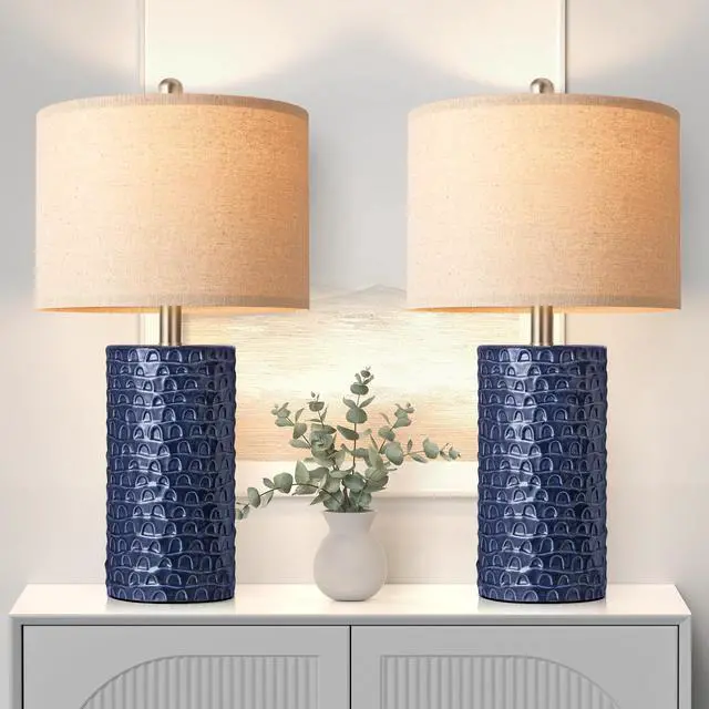 Main image of 23" Modern Ceramic Table Lamp Set of 2, Table Lamps for Living Room, Rustic Farmhouse Bedside Lamps Nightstand lamp for Bedroom, Desk Lamp for End Table Home Decor Navy Blue
