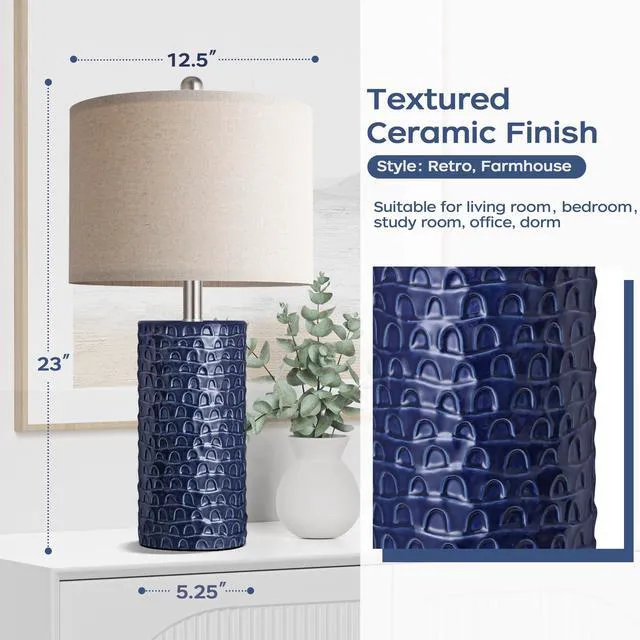 Alt view image 3 of 7 - 23" Modern Ceramic Table Lamp Set of 2, Table Lamps for Living Room, Rustic Farmhouse Bedside Lamps Nightstand lamp for Bedroom, Desk Lamp for End Table Home Decor Navy Blue