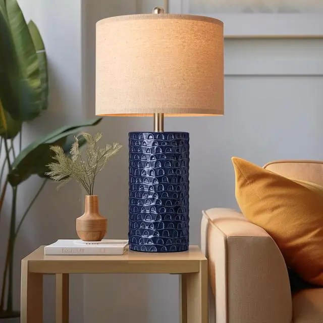 Alt view image 6 of 7 - 23" Modern Ceramic Table Lamp Set of 2, Table Lamps for Living Room, Rustic Farmhouse Bedside Lamps Nightstand lamp for Bedroom, Desk Lamp for End Table Home Decor Navy Blue