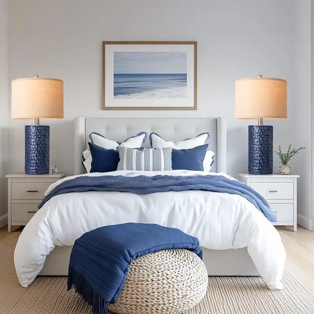 Alt view image 7 of 7 - 23" Modern Ceramic Table Lamp Set of 2, Table Lamps for Living Room, Rustic Farmhouse Bedside Lamps Nightstand lamp for Bedroom, Desk Lamp for End Table Home Decor Navy Blue