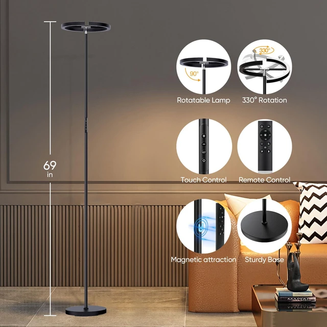 Alt view image 2 of 7 - LED Floor Lamp - Rotatable Standing Lamp with Touch & Remote Control, 3000-6000K, 22W Modern Floor Reading Light, Dimmable Corner Uplighter for Living Room Bedroom Office, Black
