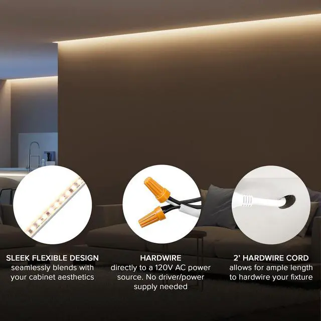 Alt view image 4 of 7 - 96 in. Hardwired LED Under Cabinet Strip Light, 3680 Lumens, 3000K Warm White, Kitchen and Living Room 120V White Cove Lighting, No Power Supply Needed
