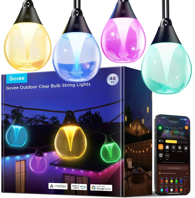 Main image of Clear Bulb Outdoor String Lights, 48ft IP67 Patio & Backyard Lights 15 RGBWIC Dimmable LED Bulbs, 111 Modes, Music Sync, IP67 Waterproof & Shatterproof, Work with Alexa, Google & Matter
