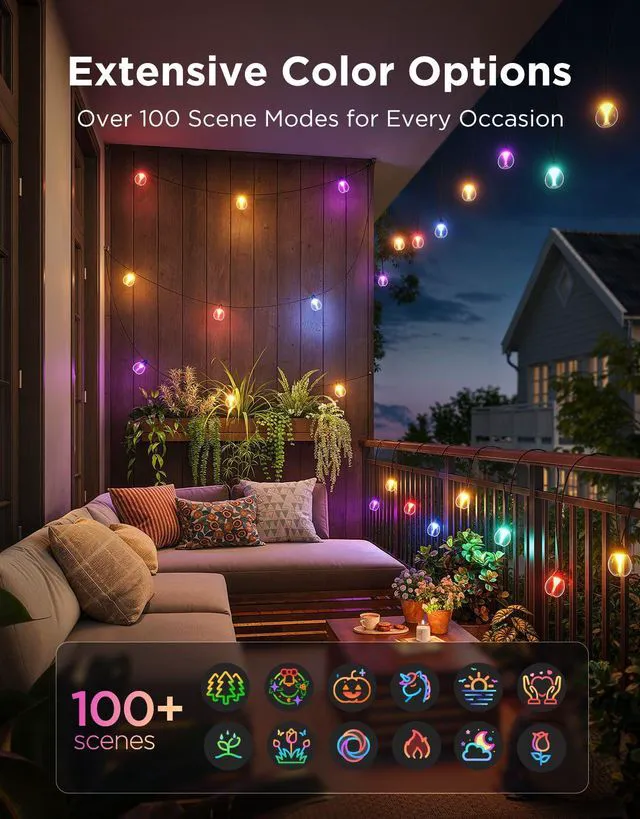 Alt view image 3 of 7 - Clear Bulb Outdoor String Lights, 48ft IP67 Patio & Backyard Lights 15 RGBWIC Dimmable LED Bulbs, 111 Modes, Music Sync, IP67 Waterproof & Shatterproof, Work with Alexa, Google & Matter