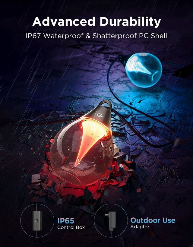 Alt view image 4 of 7 - Clear Bulb Outdoor String Lights, 48ft IP67 Patio & Backyard Lights 15 RGBWIC Dimmable LED Bulbs, 111 Modes, Music Sync, IP67 Waterproof & Shatterproof, Work with Alexa, Google & Matter