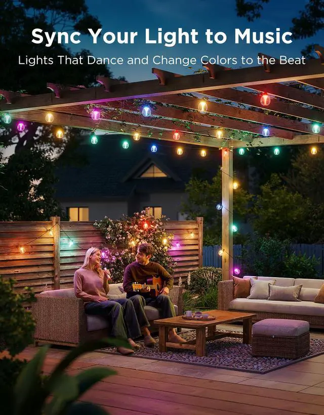 Alt view image 5 of 7 - Clear Bulb Outdoor String Lights, 48ft IP67 Patio & Backyard Lights 15 RGBWIC Dimmable LED Bulbs, 111 Modes, Music Sync, IP67 Waterproof & Shatterproof, Work with Alexa, Google & Matter