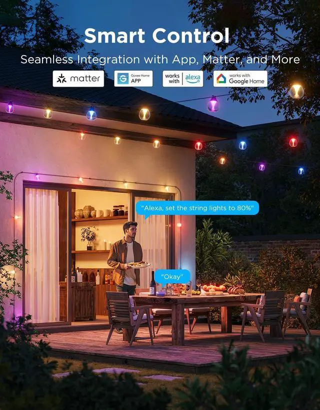 Alt view image 6 of 7 - Clear Bulb Outdoor String Lights, 48ft IP67 Patio & Backyard Lights 15 RGBWIC Dimmable LED Bulbs, 111 Modes, Music Sync, IP67 Waterproof & Shatterproof, Work with Alexa, Google & Matter