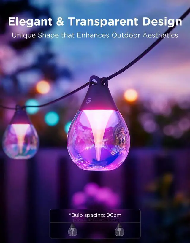 Alt view image 7 of 7 - Clear Bulb Outdoor String Lights, 48ft IP67 Patio & Backyard Lights 15 RGBWIC Dimmable LED Bulbs, 111 Modes, Music Sync, IP67 Waterproof & Shatterproof, Work with Alexa, Google & Matter