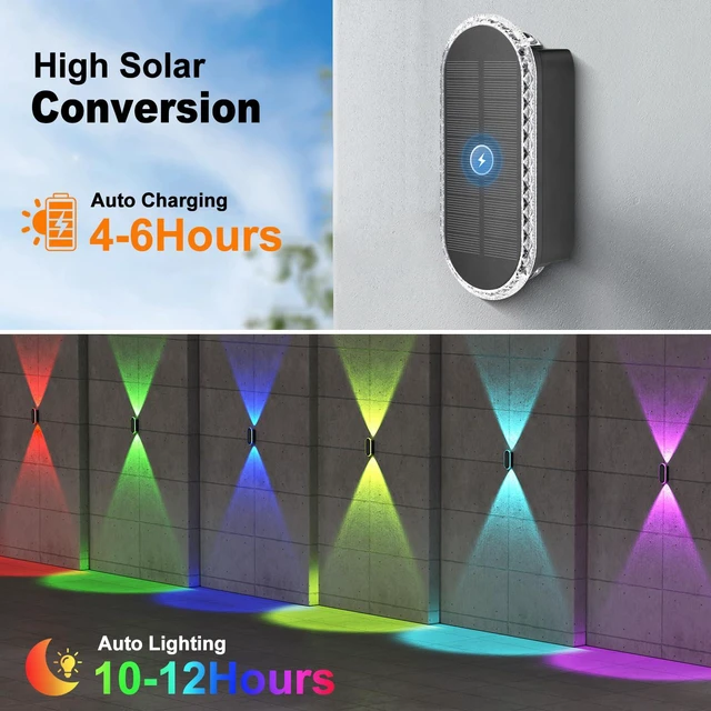 Alt view image 4 of 6 - Solar Fence Lights Backyard: 8-Pack Fence Lights Solar Powered 8 WRGB Color Modes - Up & Down Waterproof Solar Wall Lights for Outdoor/Yard/Poolside/Porch/Patio/Railing
