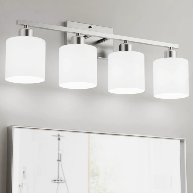 Main image of Bathroom Lights Over Mirror Brushed Nickel, Anti-Rust 4-Light Bathroom Vanity Light Fixtures, Modern 24Inches Wall Sconces E26 Base, Milky White Glass Shades, Bulbs Not Included