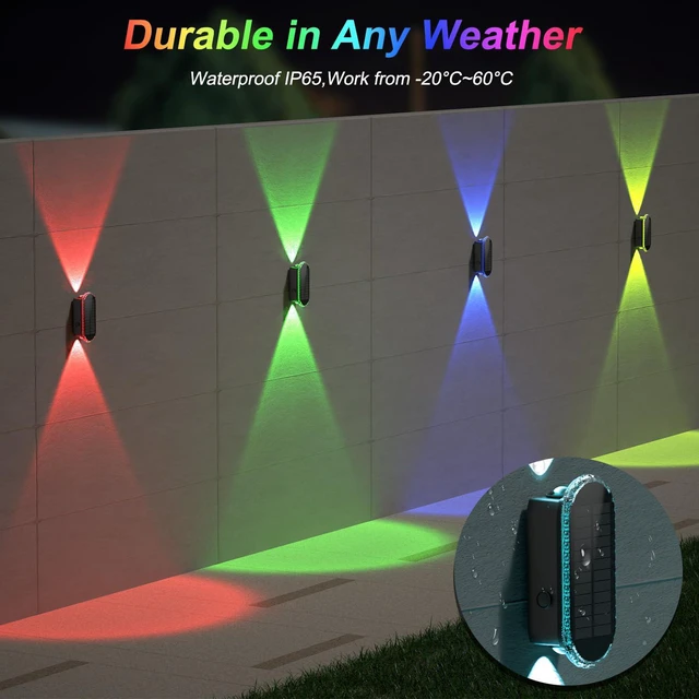 Alt view image 5 of 6 - Solar Fence Lights Backyard: 8-Pack Fence Lights Solar Powered 8 WRGB Color Modes - Up & Down Waterproof Solar Wall Lights for Outdoor/Yard/Poolside/Porch/Patio/Railing