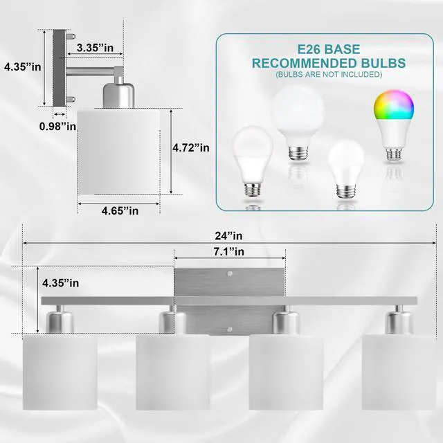 Alt view image 3 of 7 - Bathroom Lights Over Mirror Brushed Nickel, Anti-Rust 4-Light Bathroom Vanity Light Fixtures, Modern 24Inches Wall Sconces E26 Base, Milky White Glass Shades, Bulbs Not Included
