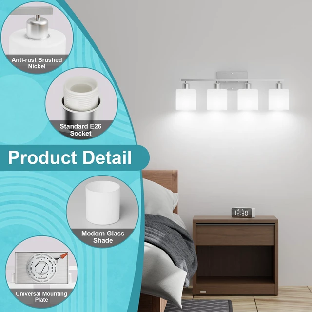 Alt view image 5 of 7 - Bathroom Lights Over Mirror Brushed Nickel, Anti-Rust 4-Light Bathroom Vanity Light Fixtures, Modern 24Inches Wall Sconces E26 Base, Milky White Glass Shades, Bulbs Not Included