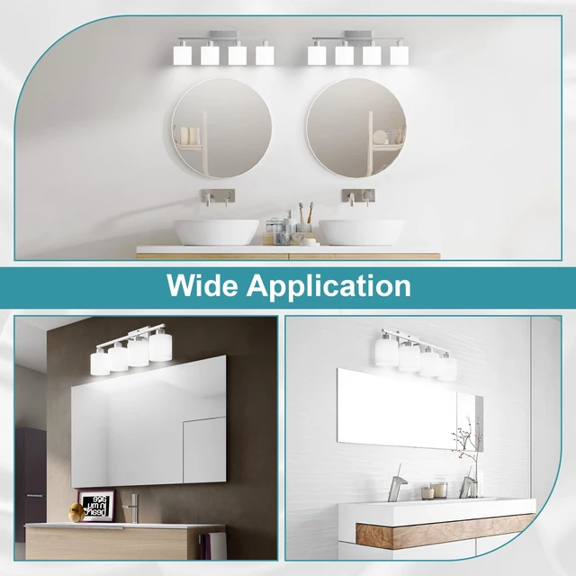 Alt view image 6 of 7 - Bathroom Lights Over Mirror Brushed Nickel, Anti-Rust 4-Light Bathroom Vanity Light Fixtures, Modern 24Inches Wall Sconces E26 Base, Milky White Glass Shades, Bulbs Not Included