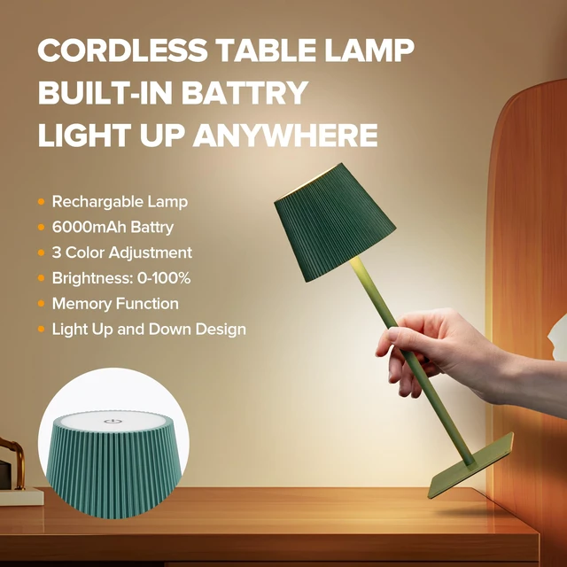 Alt view image 3 of 7 - 4 Pack Cordless Table Lamp,6000mAh Rechargeable Battery Operated Desk Lamp,Two Adjustable Heights,Waterproof, Touch Control & 3 Color Stepless Dimming for Restaurant/Bedroom/Bars/Outdoor (Green)