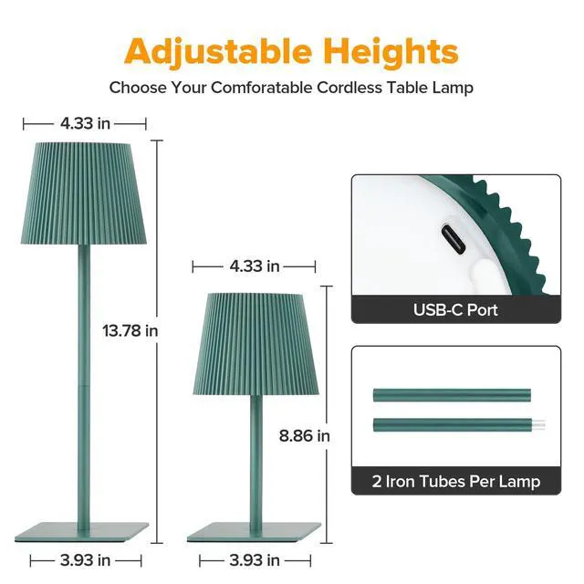 Alt view image 4 of 7 - 4 Pack Cordless Table Lamp,6000mAh Rechargeable Battery Operated Desk Lamp,Two Adjustable Heights,Waterproof, Touch Control & 3 Color Stepless Dimming for Restaurant/Bedroom/Bars/Outdoor (Green)