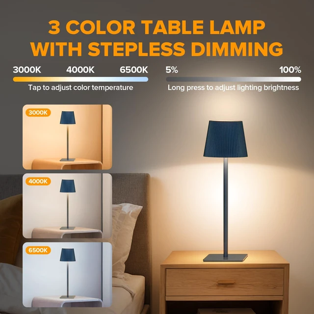 Alt view image 2 of 7 - 4 Pack Cordless Table Lamp,6000mAh Rechargeable Battery Operated Desk Lamp,Two Adjustable Heights,Waterproof, Touch Control & 3 Color Stepless Dimming for Restaurant/Bedroom/Bars/Outdoor (Blue)