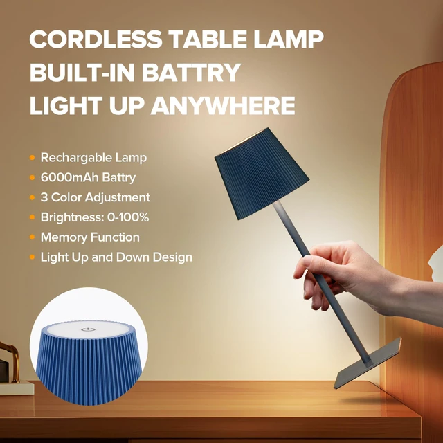 Alt view image 3 of 7 - 4 Pack Cordless Table Lamp,6000mAh Rechargeable Battery Operated Desk Lamp,Two Adjustable Heights,Waterproof, Touch Control & 3 Color Stepless Dimming for Restaurant/Bedroom/Bars/Outdoor (Blue)